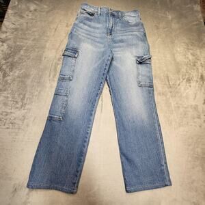 Express Jeans Womens 6 Long Blue Denim High Rise Straight Ankle Cargo Pockets